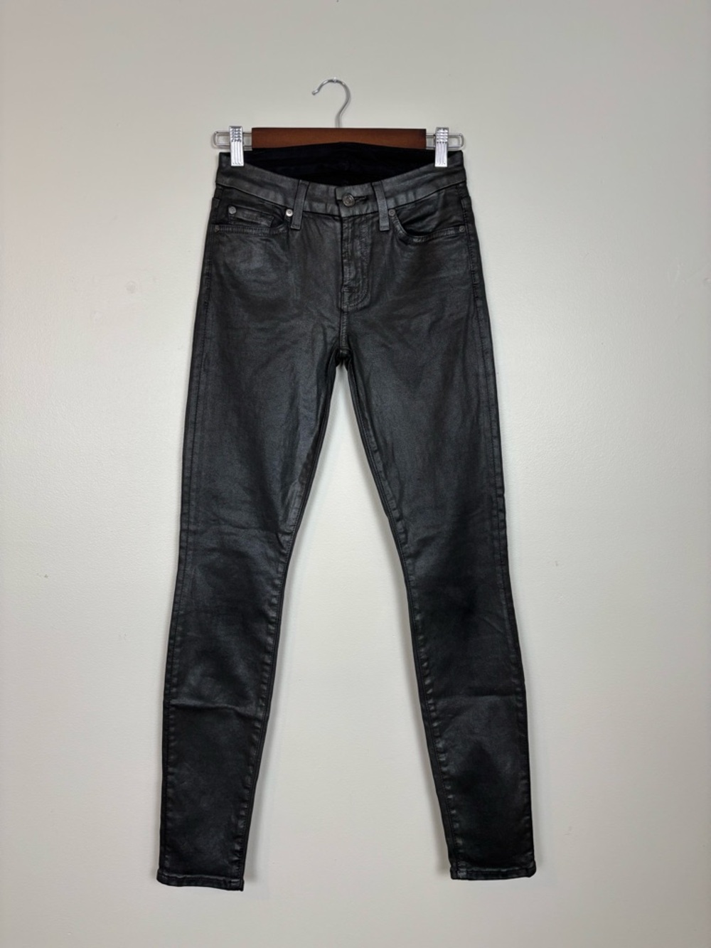 7 For All Mankind Jeans Womens 25 Black Wax Coated Skinny Mid Rise
